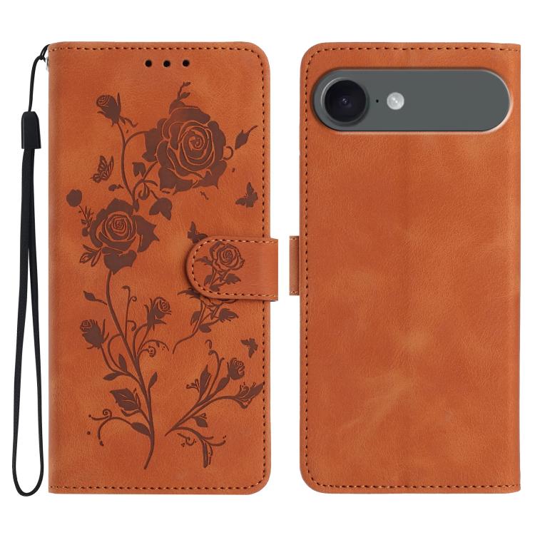 For iPhone Air Rose Flower Embossing Pattern Leather Phone Case(Brown)