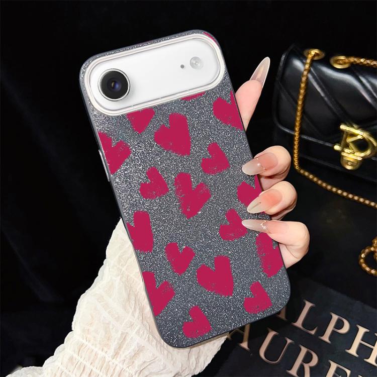 For iPhone Air Rose Red Hearts Pattern IMD Glitter PC Hybrid TPU Phone Case(Black)