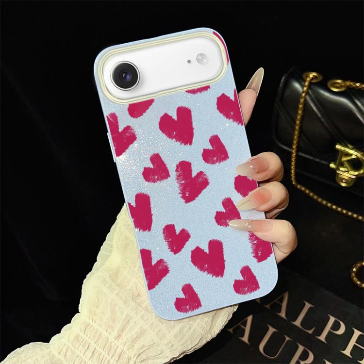 For iPhone Air Rose Red Hearts Pattern IMD Glitter PC Hybrid TPU Phone Case(Blue)