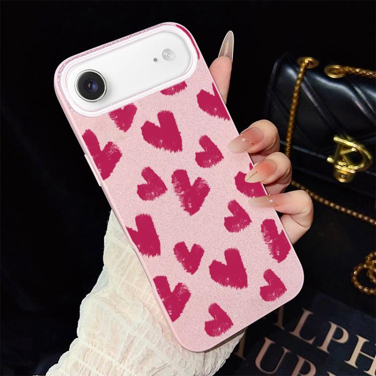 For iPhone Air Rose Red Hearts Pattern IMD Glitter PC Hybrid TPU Phone Case(Pink)