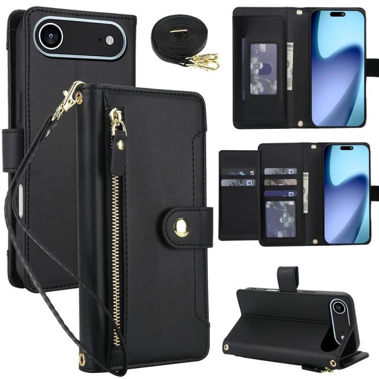 For iPhone Air Seven Card Slots Zipper Wallet Leather Phone Case with Lanyard(Black)