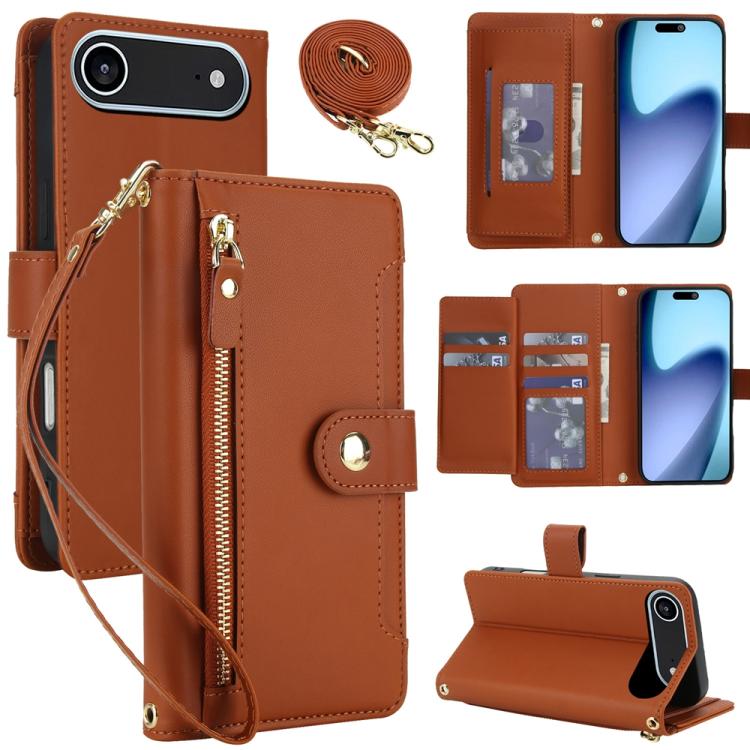 For iPhone Air Seven Card Slots Zipper Wallet Leather Phone Case with Lanyard(Brown)
