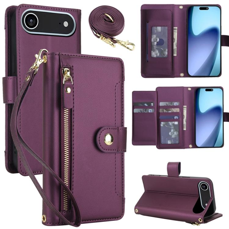 For iPhone Air Seven Card Slots Zipper Wallet Leather Phone Case with Lanyard(Dark Purple)