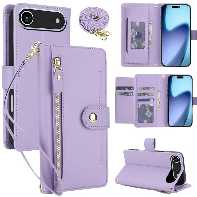 For iPhone Air Seven Card Slots Zipper Wallet Leather Phone Case with Lanyard(Light Purple)