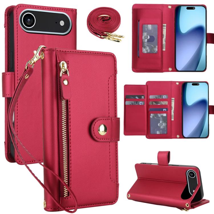 For iPhone Air Seven Card Slots Zipper Wallet Leather Phone Case with Lanyard(Red)