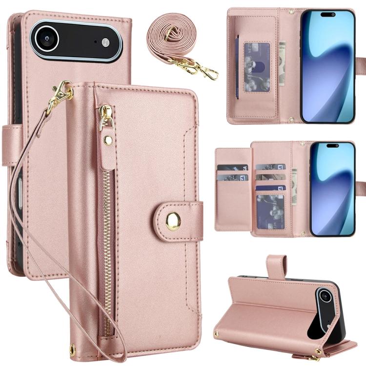 For iPhone Air Seven Card Slots Zipper Wallet Leather Phone Case with Lanyard(Rose Gold)