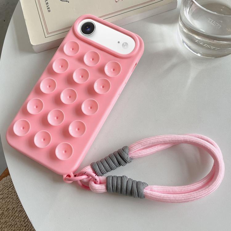 For iPhone Air Simple Suction Cup Silicone Phone Case with Lanyard(Pink)