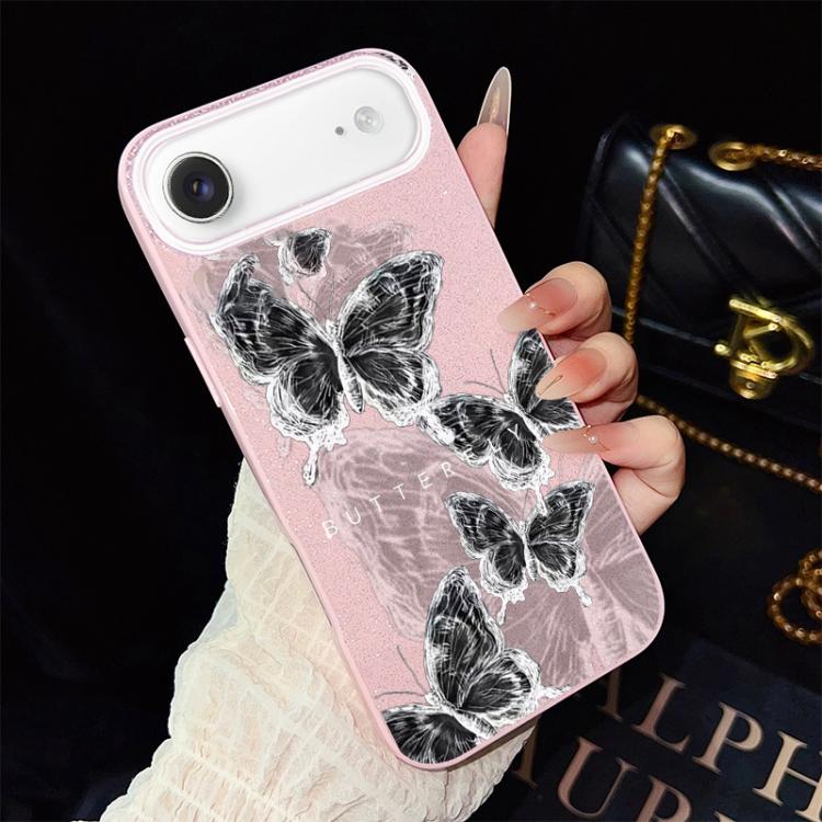 For iPhone Air Sketch Butterflies Pattern IMD Glitter PC Hybrid TPU Phone Case(Pink)