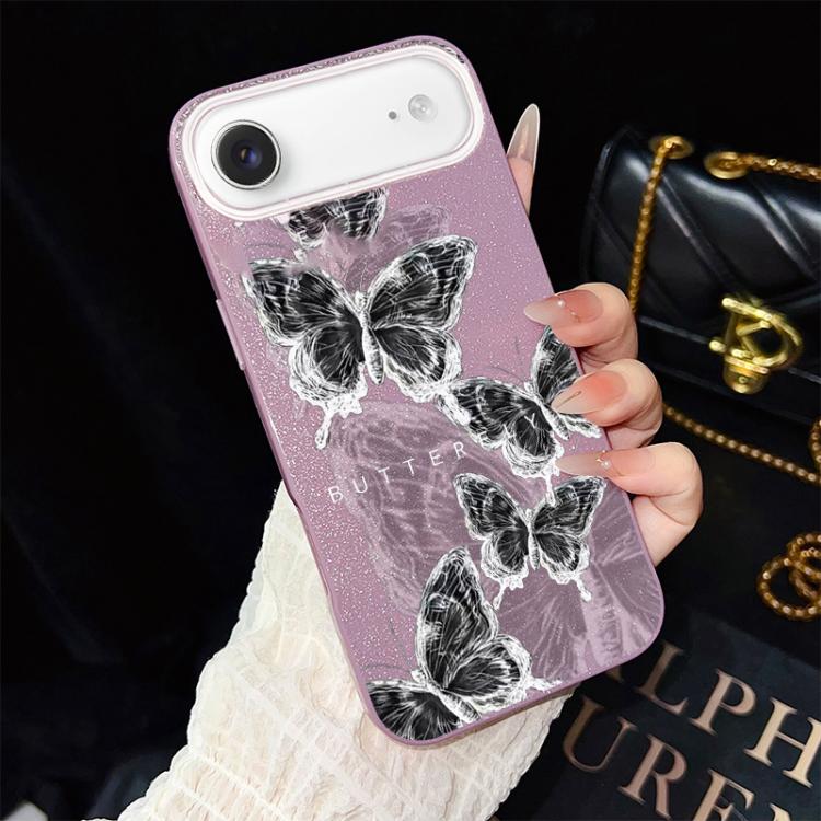 For iPhone Air Sketch Butterflies Pattern IMD Glitter PC Hybrid TPU Phone Case(Purple)