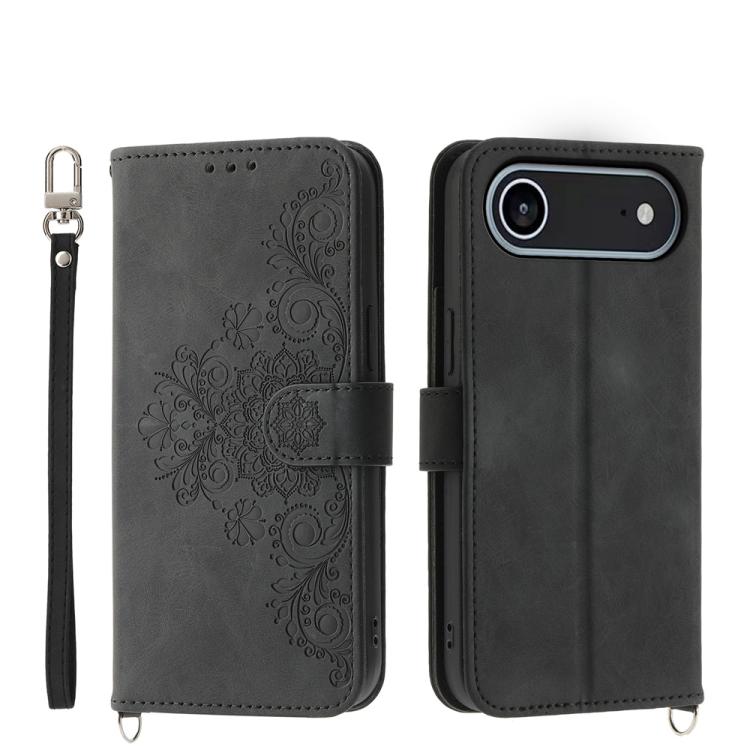 For iPhone Air Skin-feel Flowers Embossed Wallet Leather Phone Case(Black)