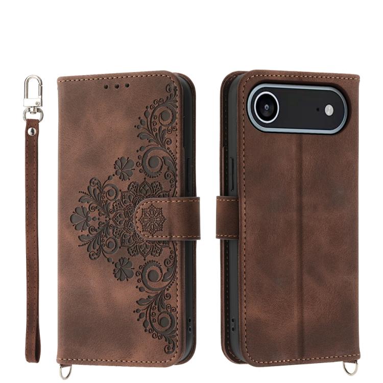 For iPhone Air Skin-feel Flowers Embossed Wallet Leather Phone Case(Brown)