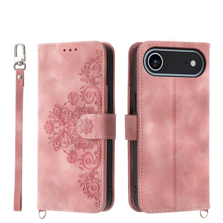For iPhone Air Skin-feel Flowers Embossed Wallet Leather Phone Case(Pink)