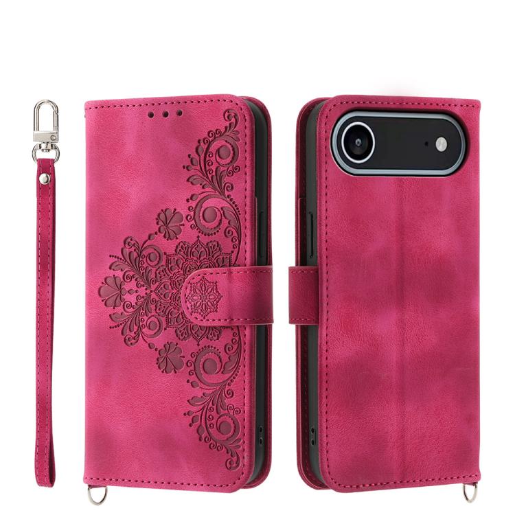 For iPhone Air Skin-feel Flowers Embossed Wallet Leather Phone Case(Wine Red)