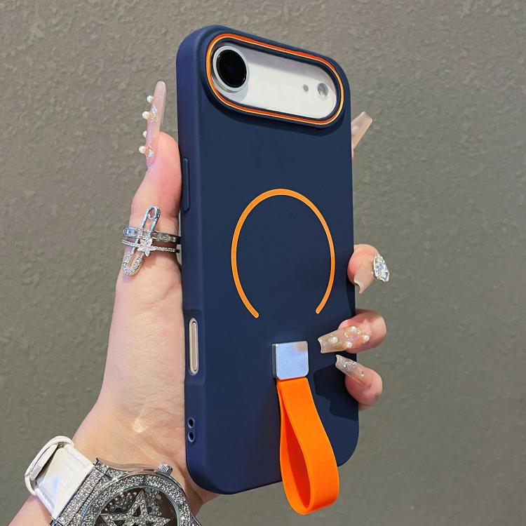 For iPhone Air Skin-feel Magnetic TPU Phone Case with Silicone Strap(Dark Blue)