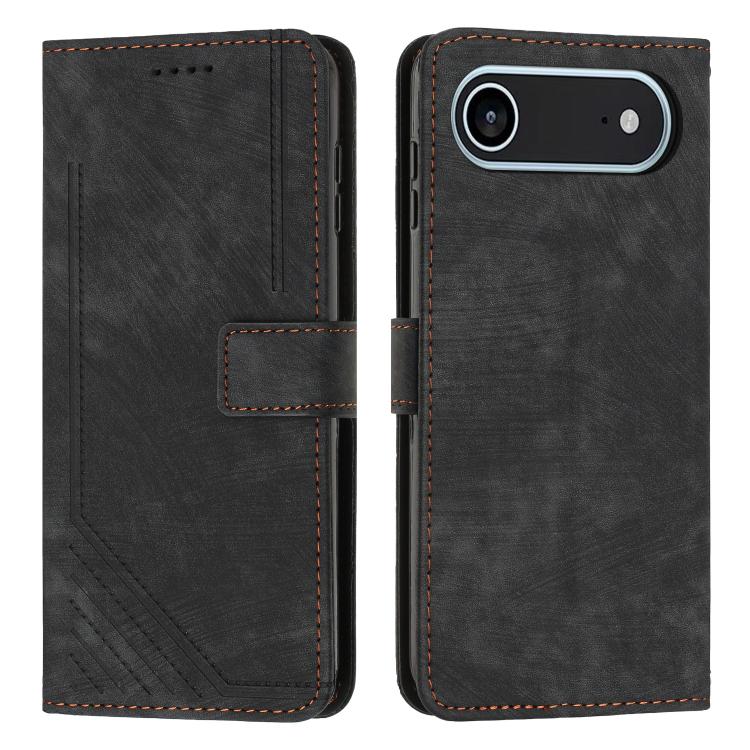 For iPhone Air Skin Feel Stripe Pattern Leather Phone Case with Lanyard(Black)