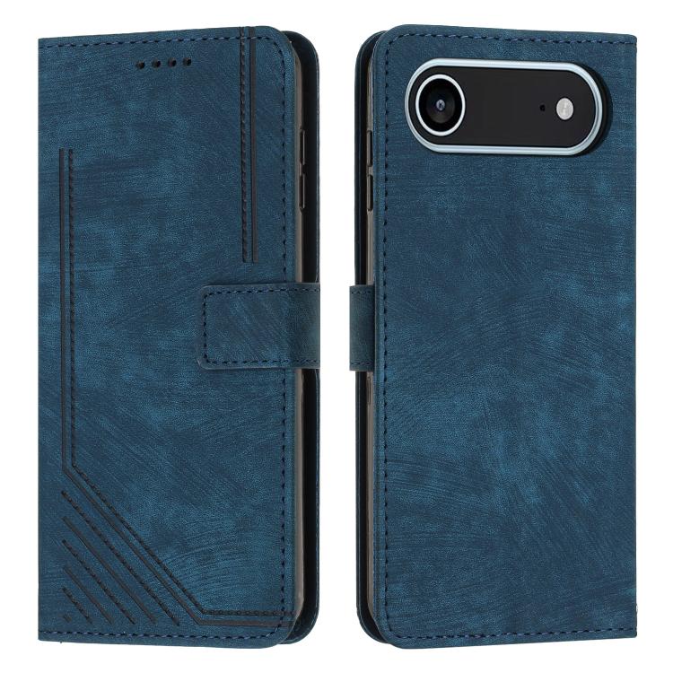 For iPhone Air Skin Feel Stripe Pattern Leather Phone Case with Lanyard(Blue)