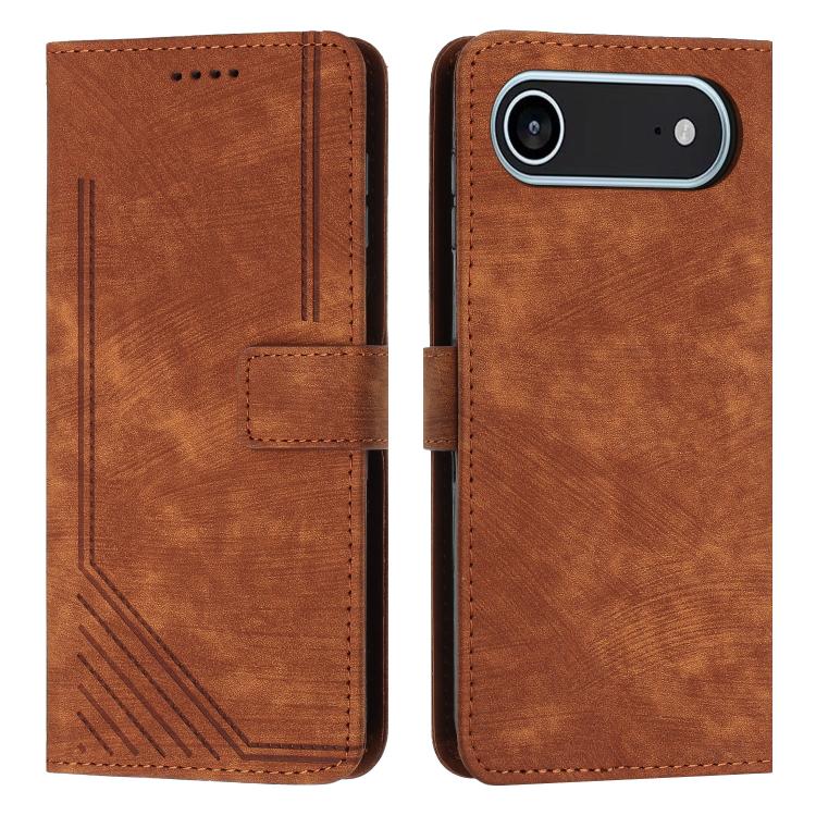 For iPhone Air Skin Feel Stripe Pattern Leather Phone Case with Lanyard(Brown)