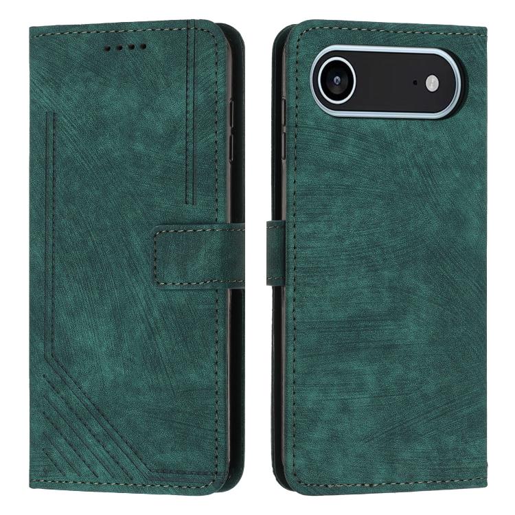 For iPhone Air Skin Feel Stripe Pattern Leather Phone Case with Lanyard(Green)