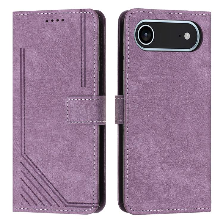 For iPhone Air Skin Feel Stripe Pattern Leather Phone Case with Lanyard(Purple)