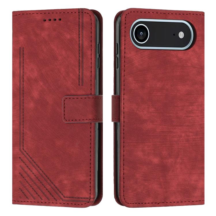 For iPhone Air Skin Feel Stripe Pattern Leather Phone Case with Lanyard(Red)