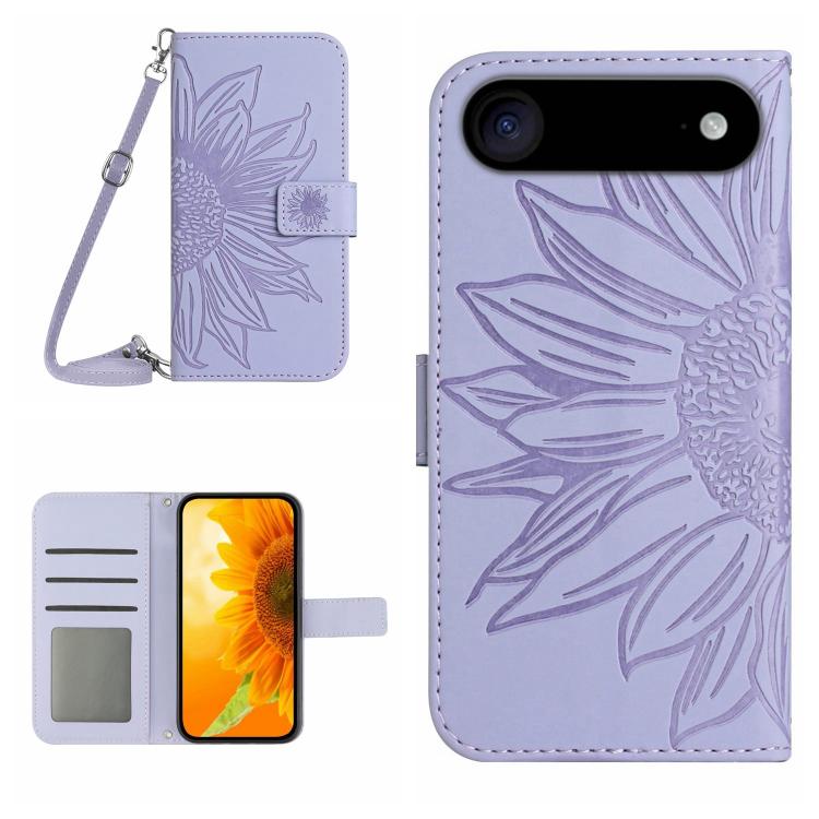 For iPhone Air Skin Feel Sun Flower Embossed Flip Leather Phone Case with Lanyard(Purple)