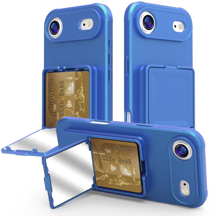 For iPhone Air Skin Feel TPU Hidden Mirror Card Bag Phone Case with Stand(Navy Blue)