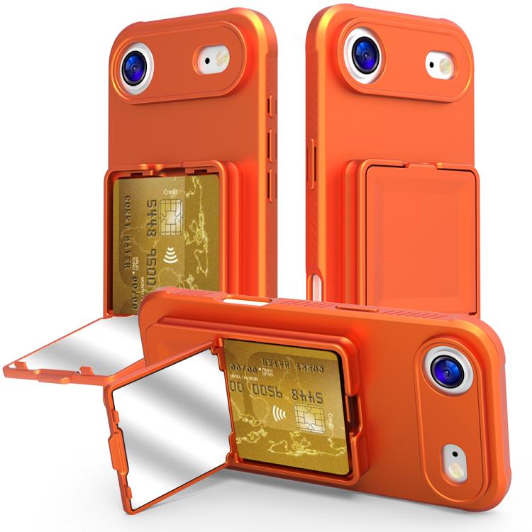 For iPhone Air Skin Feel TPU Hidden Mirror Card Bag Phone Case with Stand(Orange)