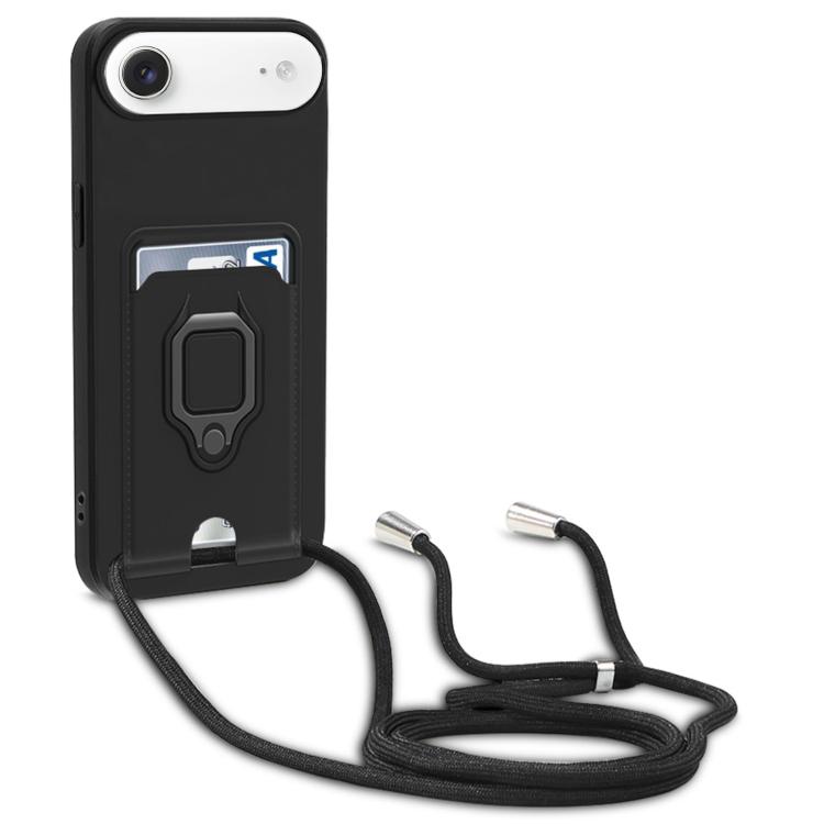 For iPhone Air Sliding Camshield Magnetic Card Holder Silicone Phone Case with Lanyard(Black)