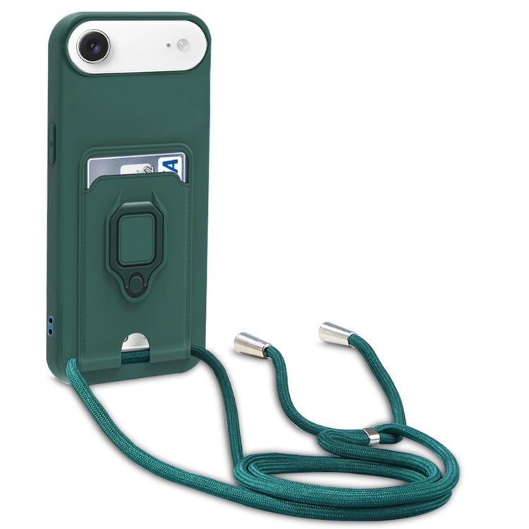 For iPhone Air Sliding Camshield Magnetic Card Holder Silicone Phone Case with Lanyard(Dark Night Green)