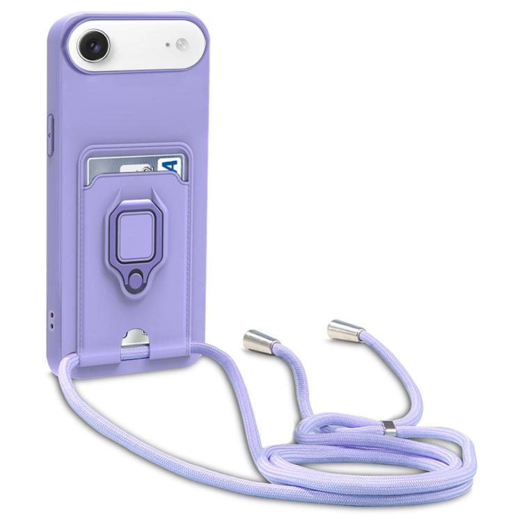 For iPhone Air Sliding Camshield Magnetic Card Holder Silicone Phone Case with Lanyard(Light Purple)