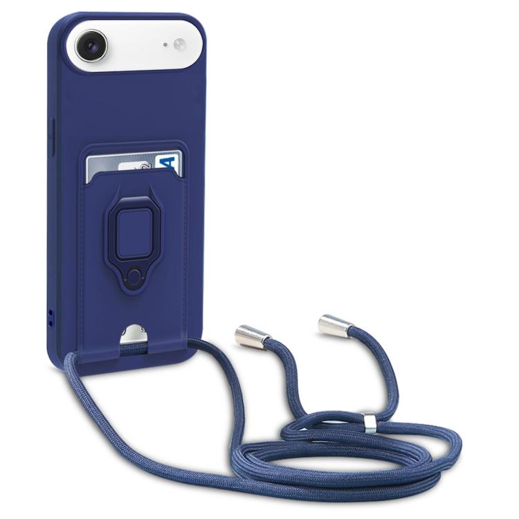 For iPhone Air Sliding Camshield Magnetic Card Holder Silicone Phone Case with Lanyard(Navy Blue)