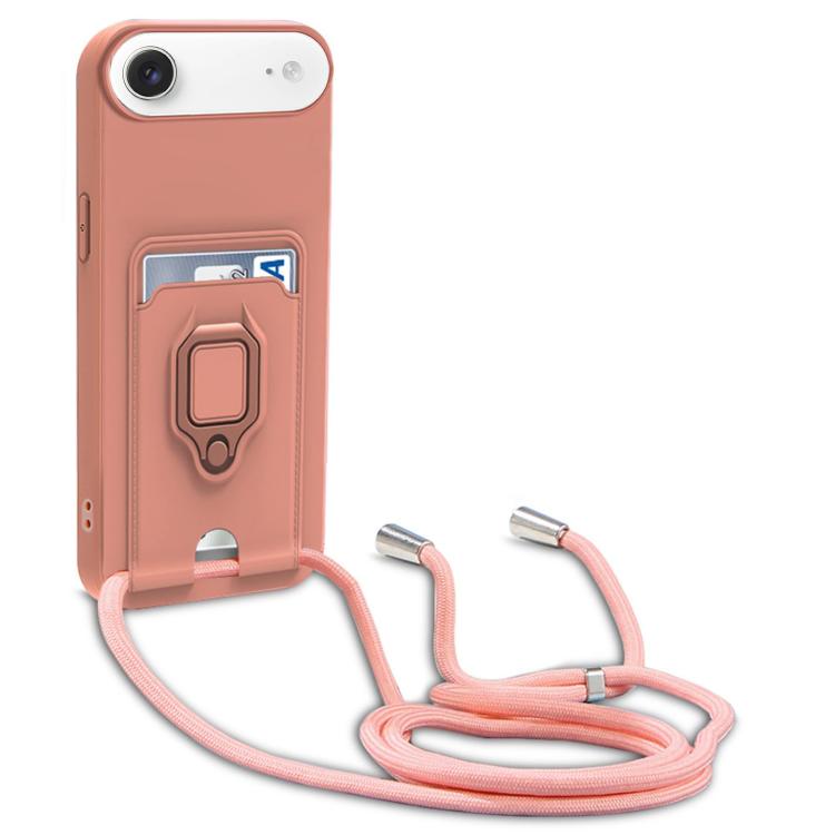 For iPhone Air Sliding Camshield Magnetic Card Holder Silicone Phone Case with Lanyard(Pink)