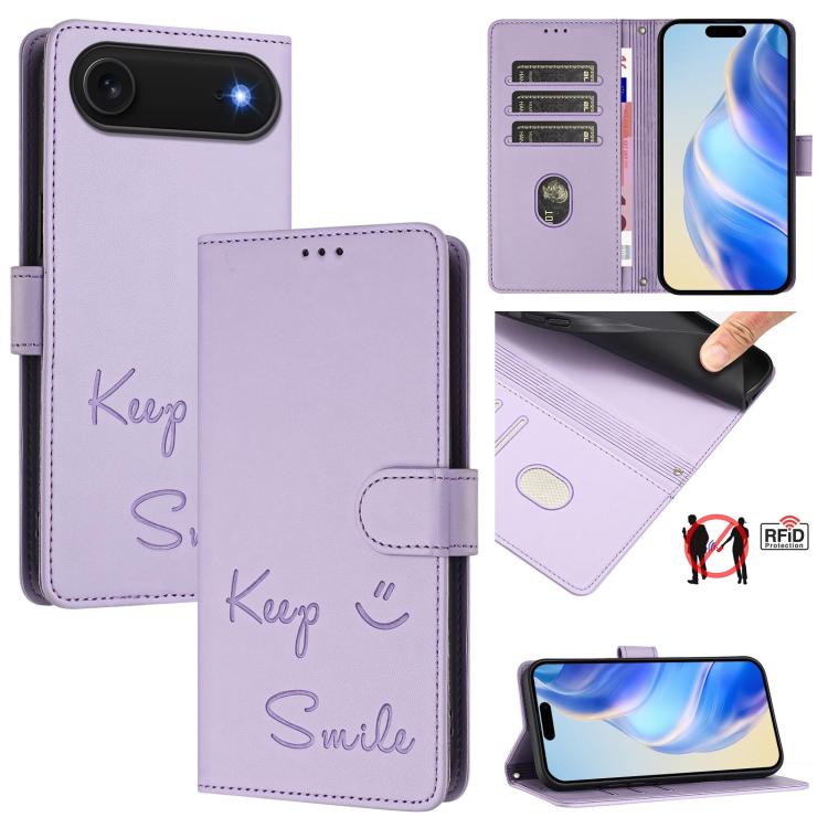 For iPhone Air Smile Embossing RFID Leather Phone Case(Light Purple)