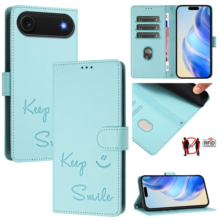 For iPhone Air Smile Embossing RFID Leather Phone Case(Mint Green)