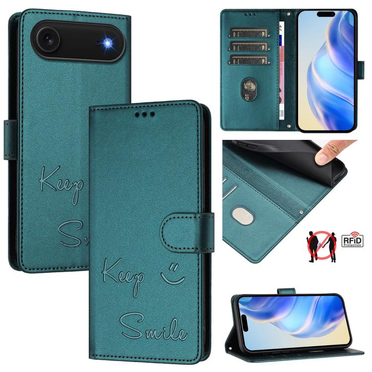 For iPhone Air Smile Embossing RFID Leather Phone Case(Peacock Green)