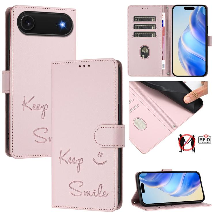 For iPhone Air Smile Embossing RFID Leather Phone Case(Pink)