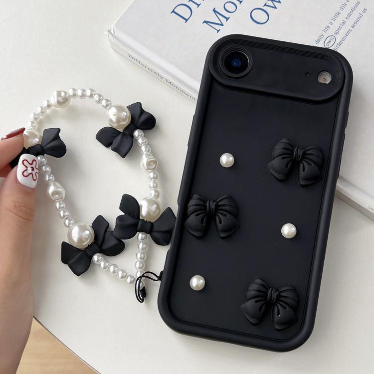 For iPhone Air Soft Silicone 3D Bowknot Pearl Phone Case with Beaded Wrist Strap(Black)