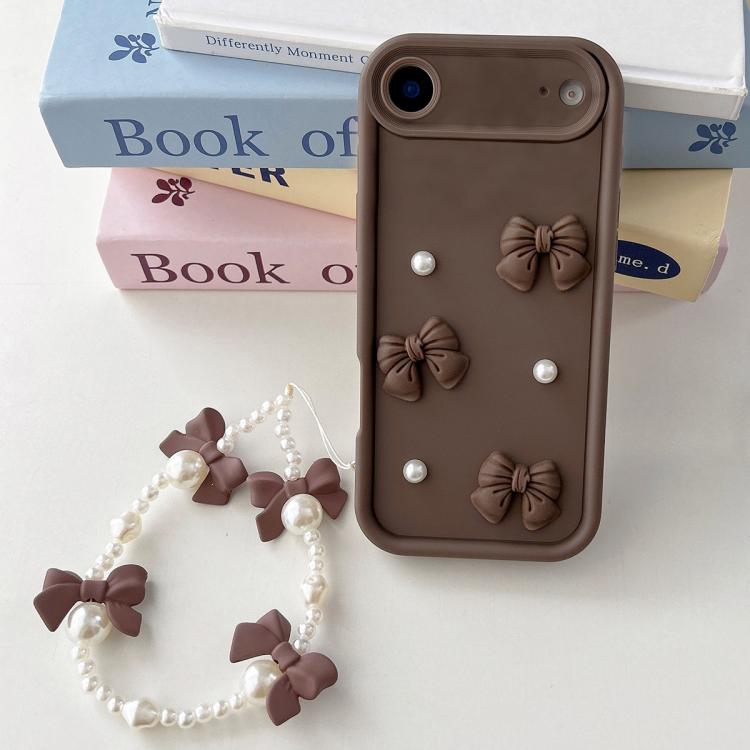 For iPhone Air Soft Silicone 3D Bowknot Pearl Phone Case with Beaded Wrist Strap(Coffee)