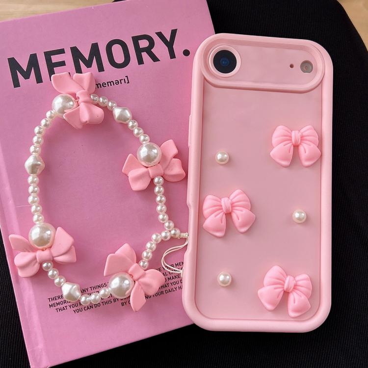 For iPhone Air Soft Silicone 3D Bowknot Pearl Phone Case with Beaded Wrist Strap(Pink)