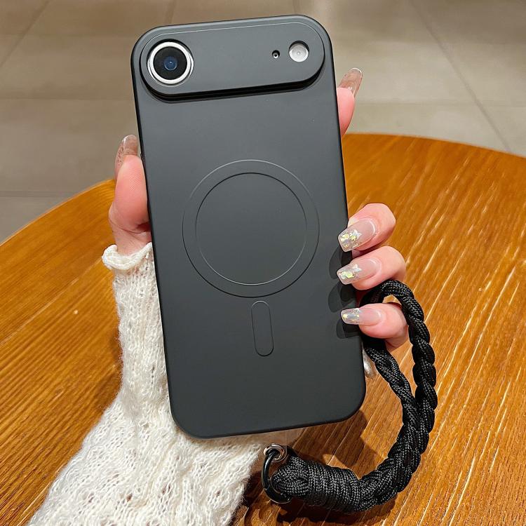 For iPhone Air Solid Color Liquid Silicone Magnetic Phone Case with Lanyard(Black)