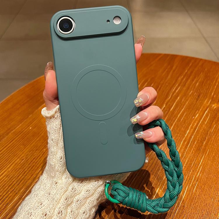 For iPhone Air Solid Color Liquid Silicone Magnetic Phone Case with Lanyard(Dark Green)