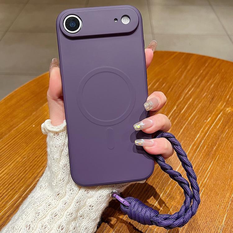 For iPhone Air Solid Color Liquid Silicone Magnetic Phone Case with Lanyard(Dark Purple)