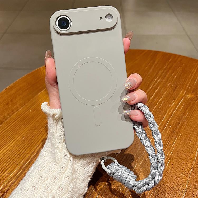 For iPhone Air Solid Color Liquid Silicone Magnetic Phone Case with Lanyard(Grey)