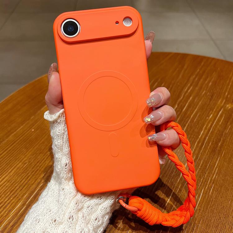 For iPhone Air Solid Color Liquid Silicone Magnetic Phone Case with Lanyard(Orange)