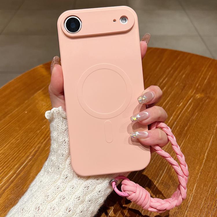 For iPhone Air Solid Color Liquid Silicone Magnetic Phone Case with Lanyard(Pink)