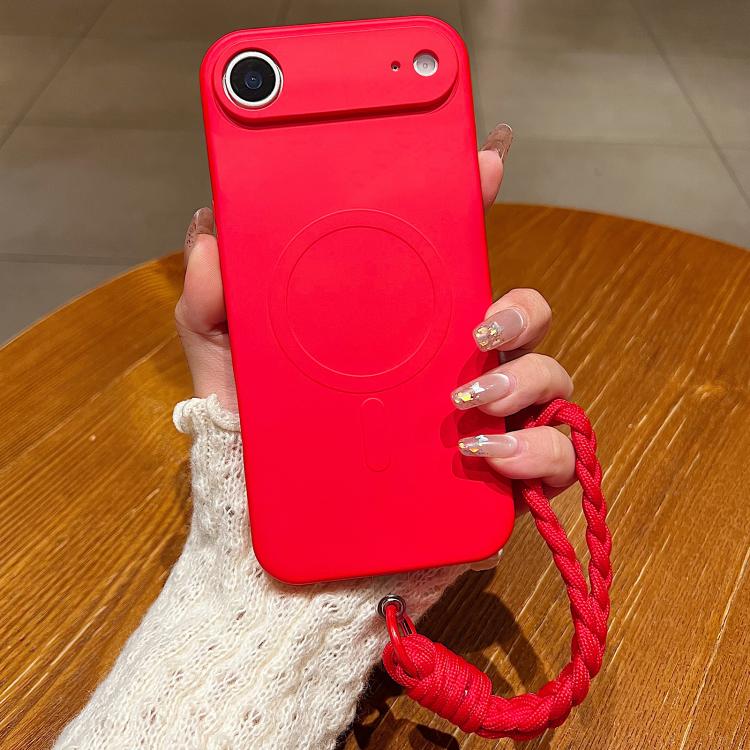 For iPhone Air Solid Color Liquid Silicone Magnetic Phone Case with Lanyard(Red)