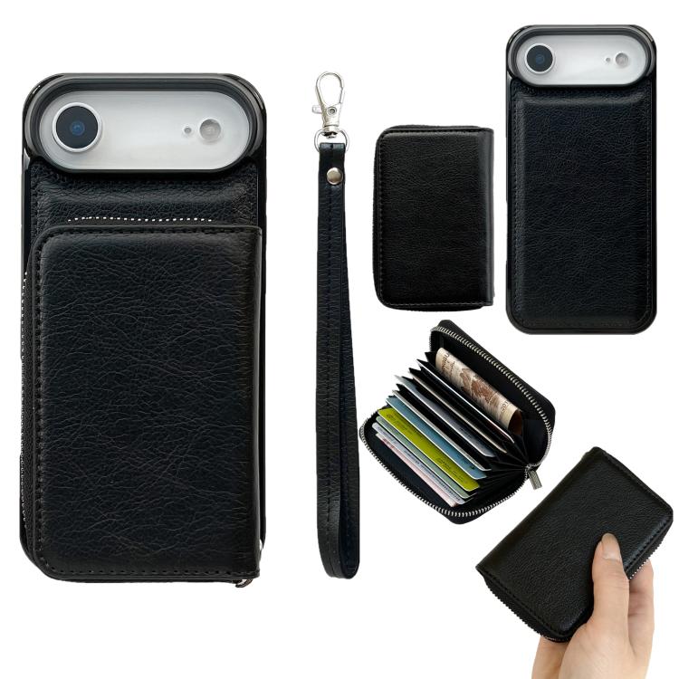For iPhone Air Solid Color Zipper 11-Card Slots Bag Phone Case with Lanyard(Black)