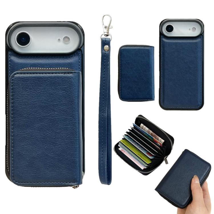 For iPhone Air Solid Color Zipper 11-Card Slots Bag Phone Case with Lanyard(Blue)