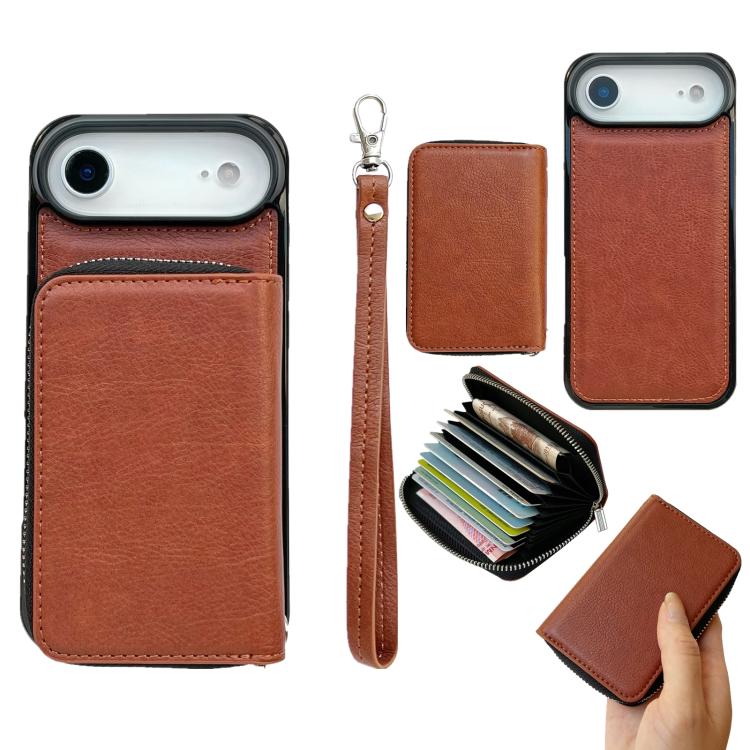 For iPhone Air Solid Color Zipper 11-Card Slots Bag Phone Case with Lanyard(Brown)