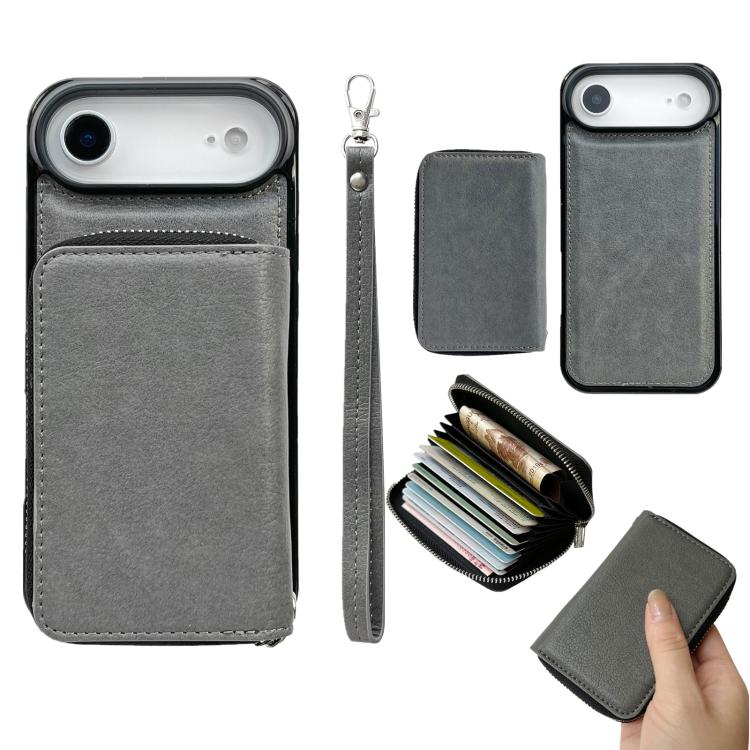 For iPhone Air Solid Color Zipper 11-Card Slots Bag Phone Case with Lanyard(Grey)